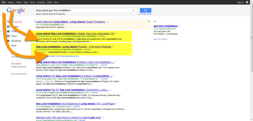 Plumber Internet Marketing Case Study - Long Island Gas Line Installation - Page One