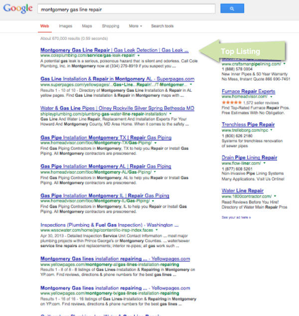 SEO Case Study - Cole Plumbing - Motgomery Gas Line Repair