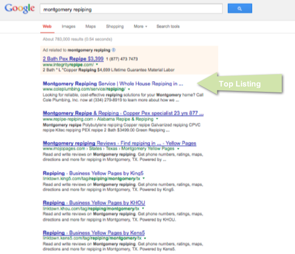 SEO Case Study - Cole Plumbing - Motgomery Repiping